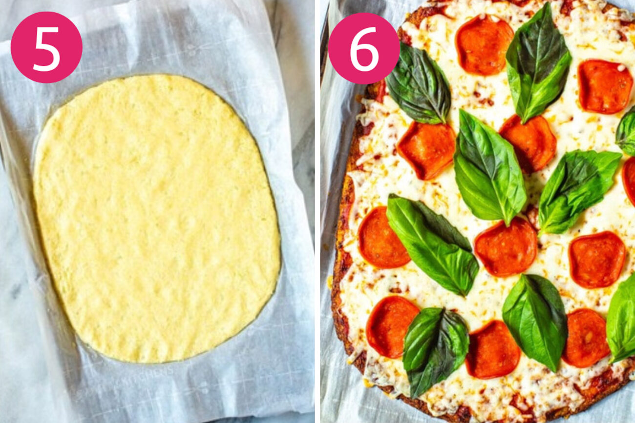 Steps 5 and 6 for making cauliflower pizza crust: Roll out dough and cook it then top with pizza toppings.