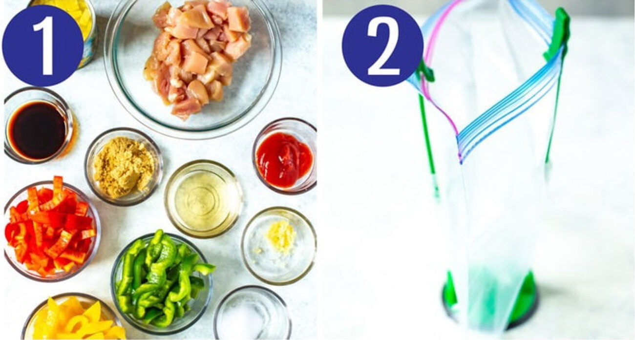 Steps 1 and 2 for making dump dinners: Prep ingredients then prep a Ziploc bag.