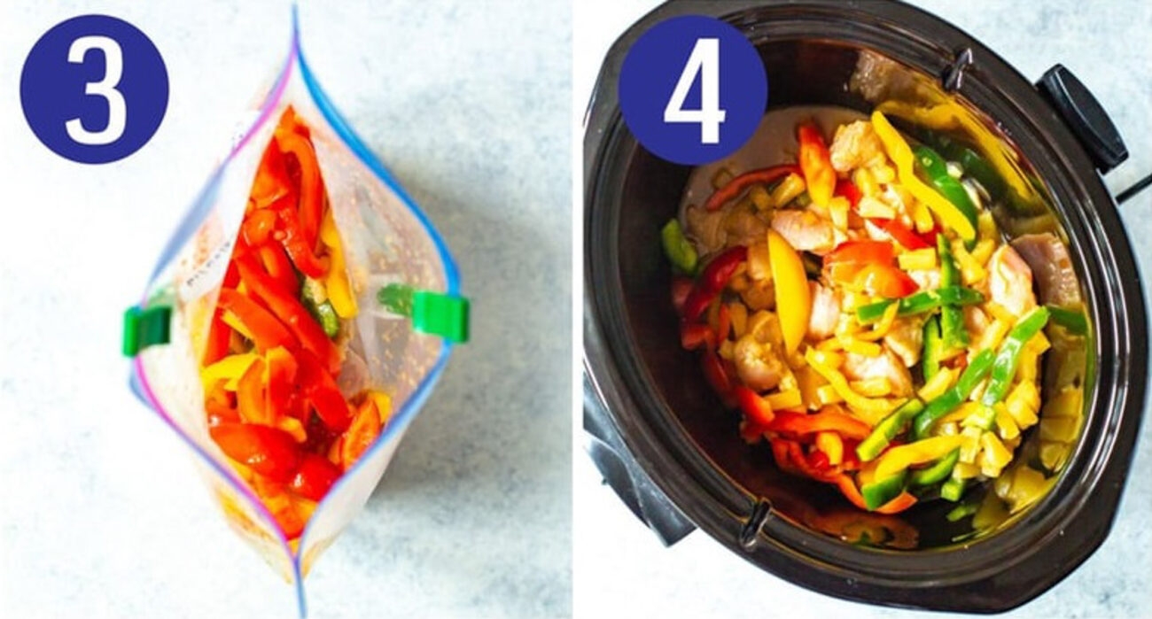 Steps 3 and 4 for making dump dinners: Add ingredient to freezer bag then put into crockpot.