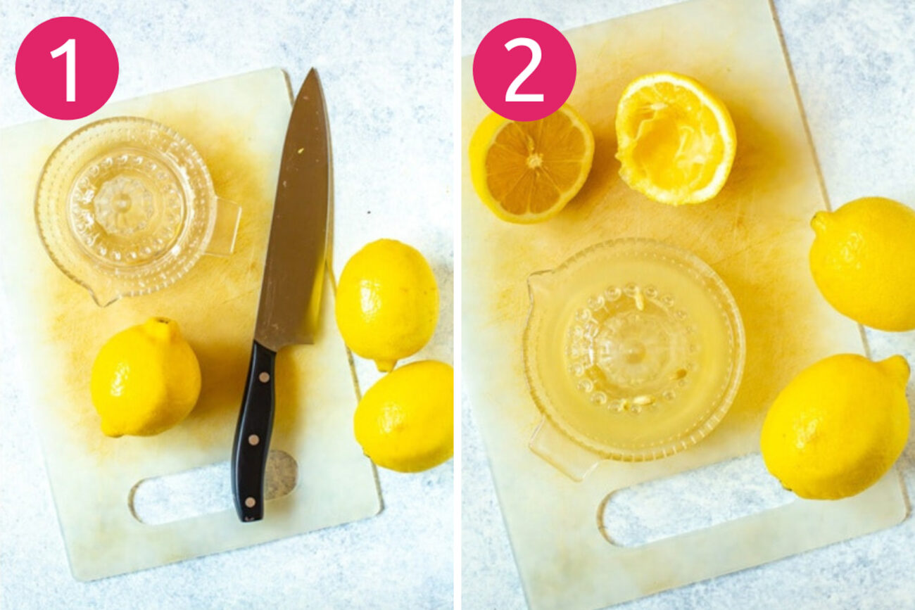 Steps 1 and 2 for making lemon water: Juice lemon then add lemon juice and water to pitcher.