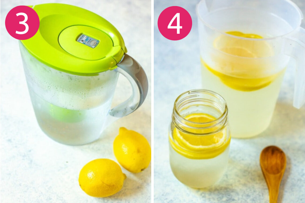 Steps 3 and 4 for making lemon water: Let it sit in the fridge then serve.