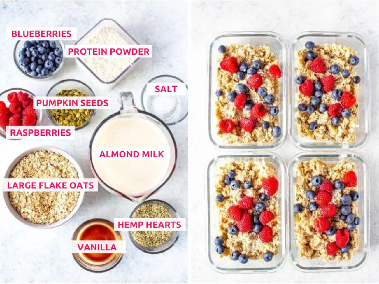 Ingredients for protein oatmeal: large flake oats, hemp hearts, vanilla, raspberries, blueberries, pumpkin seeds, protein powder, almond milk and salt.
