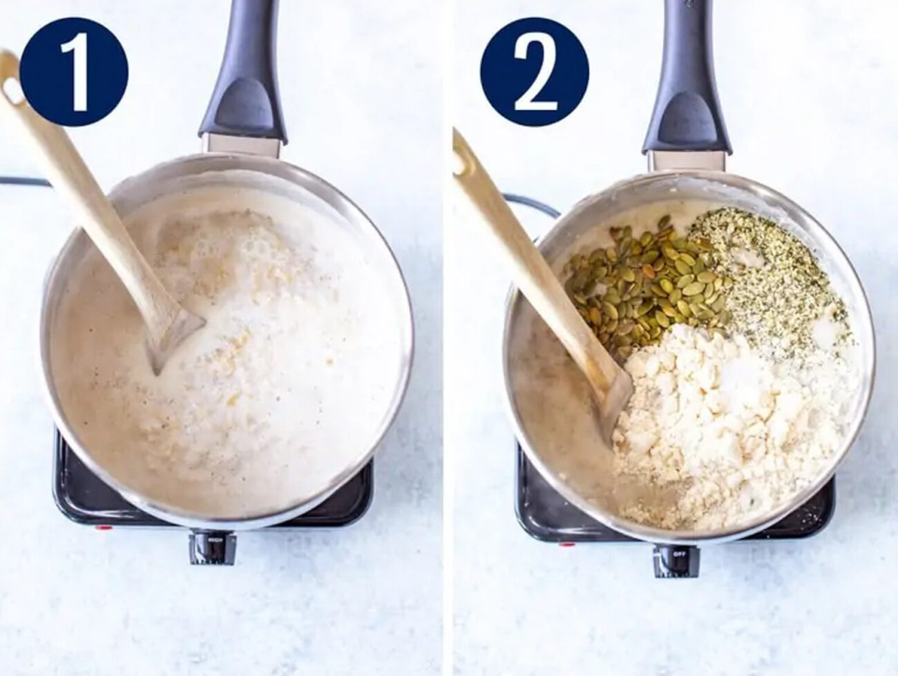Steps 1 and 2 for making protein oatmeal: Start cooking oats until they expand.