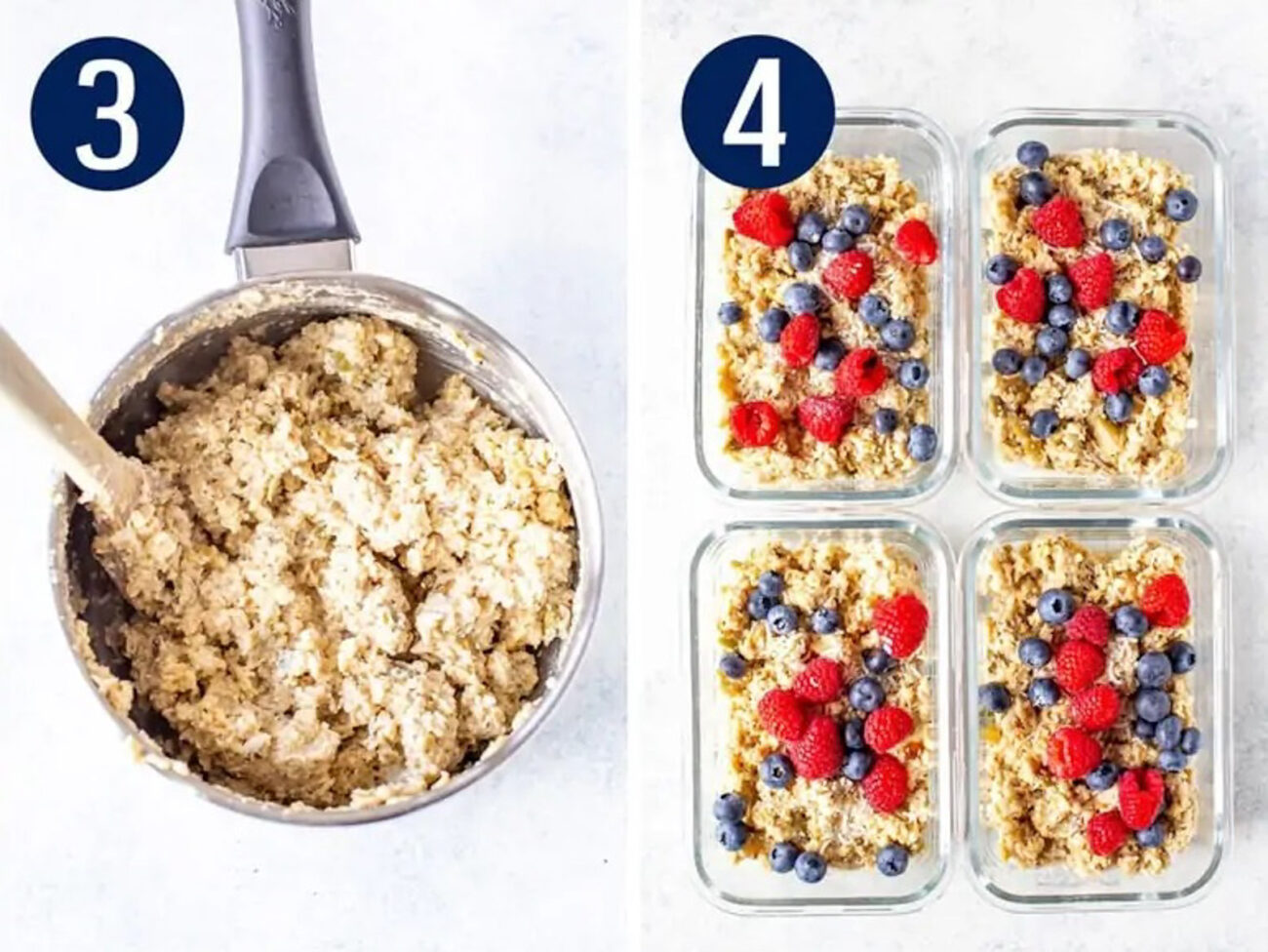 Steps 3 and 4 for making protein oatmeal: Add in protein powder then serve.