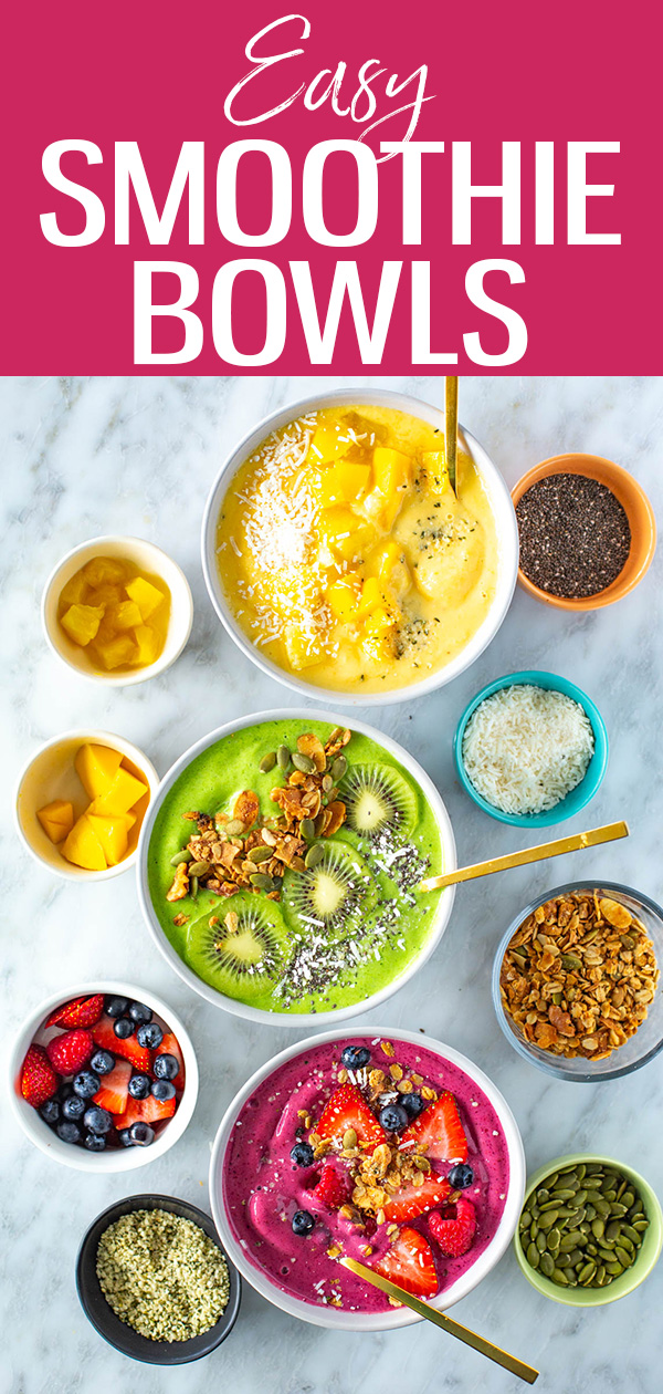 These high protein smoothie bowls are a delicious breakfast idea! Make Tropical, Very Berry or Mean Green bowls with your favourite toppings. #smoothiebowls #healthyrecipes