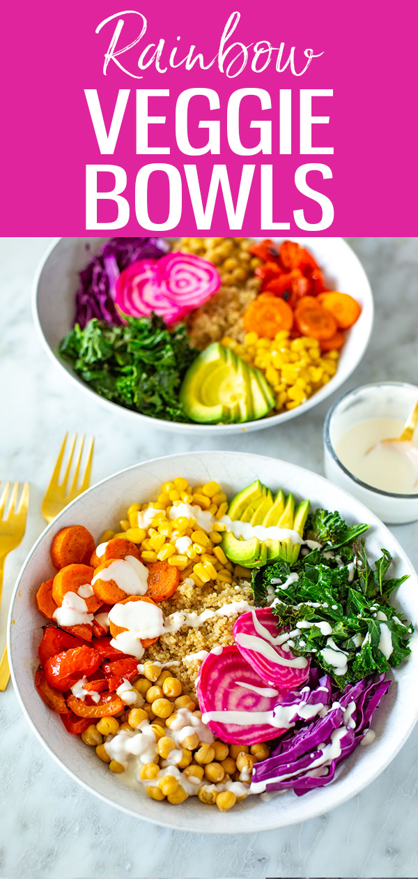 Eat the rainbow with this delicious Veggie Bowl! This easy plant-based meal prep recipe has quinoa, veggies, and the tastiest garlic dressing. #veggiebowls #mealprep