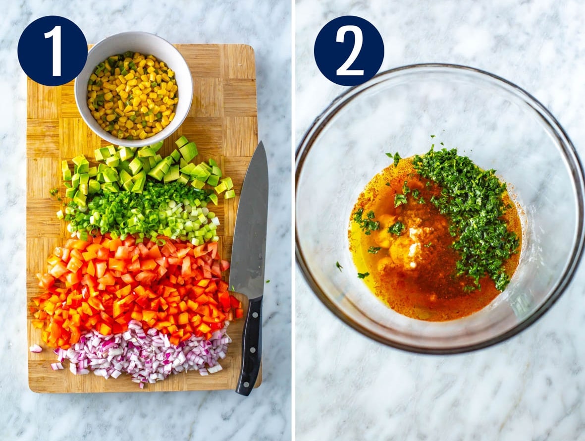 Steps 1 and 2 for making cowboy caviar: Prep ingredients then make dressing.