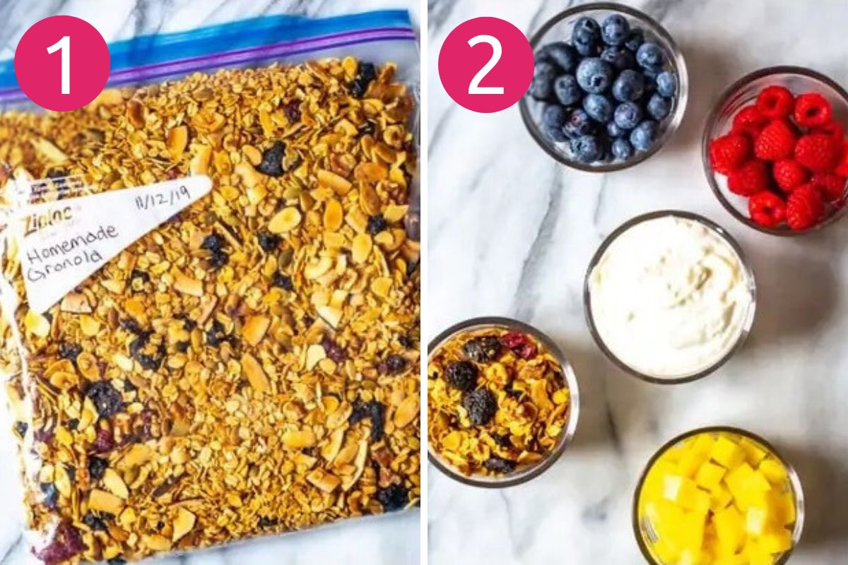 Steps 1 and 2 for making fruit and yogurt parfaits