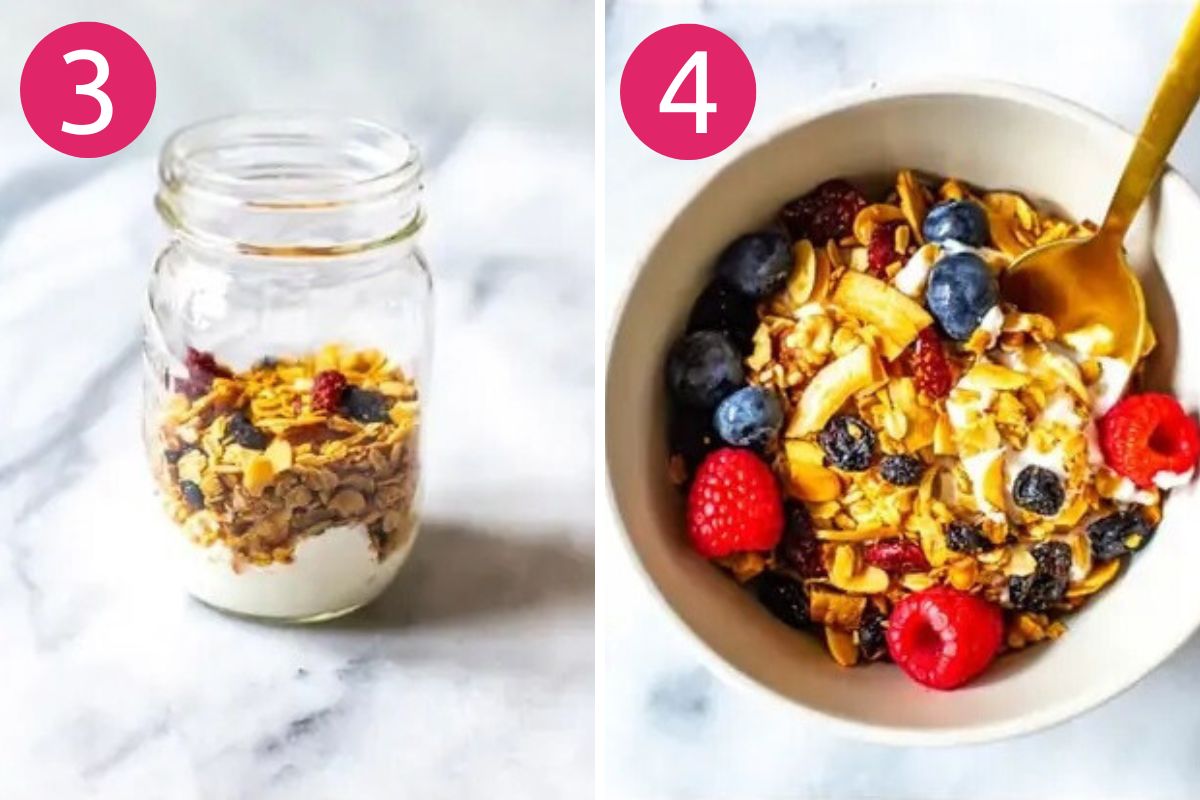Steps 3 and 4 for making fruit and yogurt parfaits