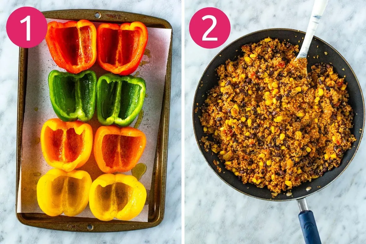 Steps 1 and 2 for vegetarian stuffed peppers