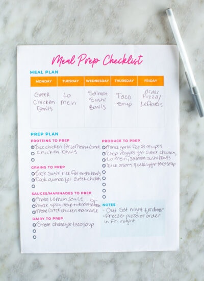 A filled out meal prep printable