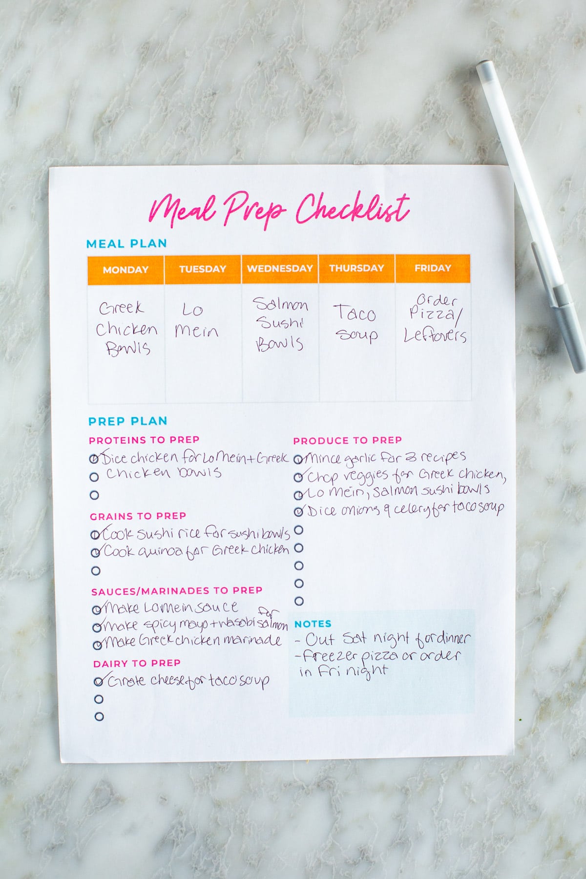 A filled out meal prep printable