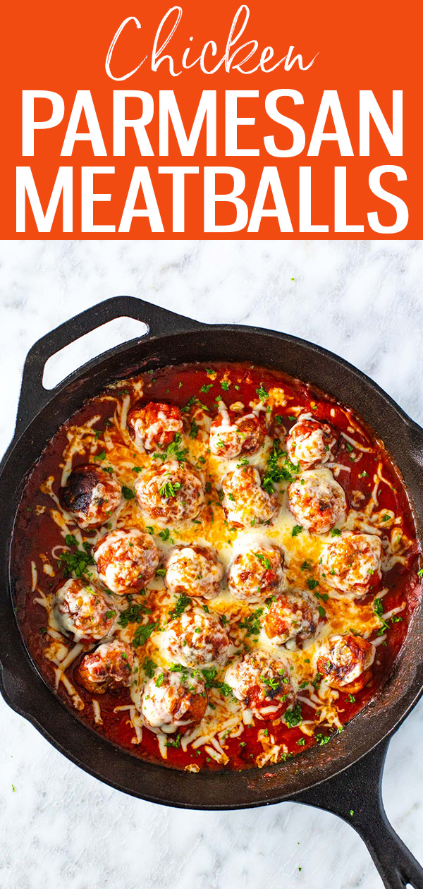The easy Chicken Parm Meatballs are made in a skillet and topped with marinara sauce and mozzarella cheese. Serve with pasta for dinner! #chickenparm #meatballs