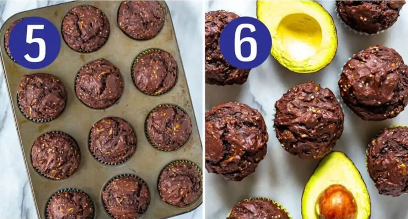 Steps 5 and 6 for making avocado chocolate zucchini muffins: Bake in oven then serve.