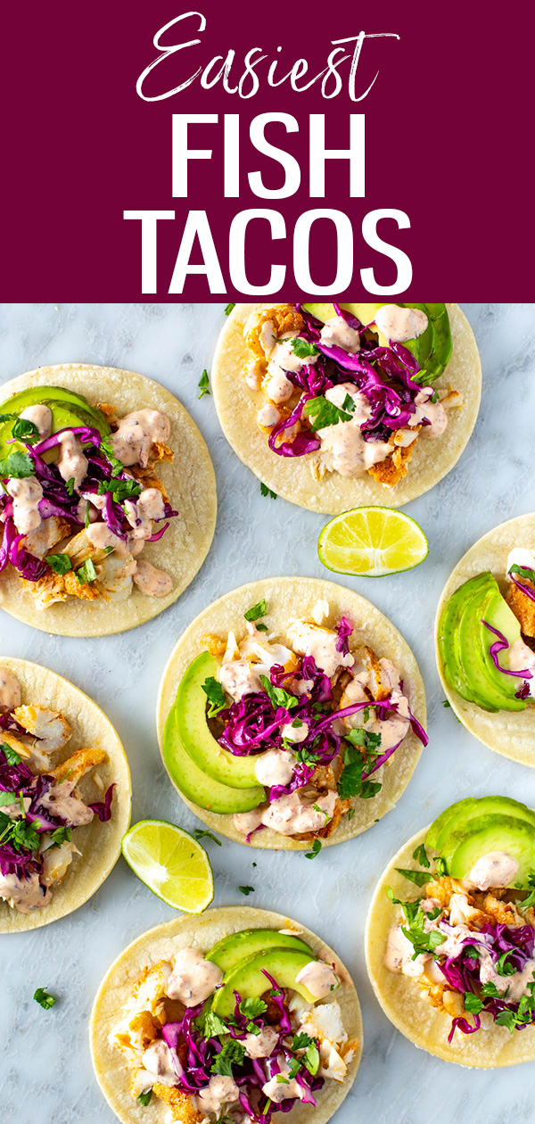 These are the Easiest Fish Tacos! This quick taco recipe is made with seasoned halibut topped with coleslaw and a simple chipotle crema sauce. #fishtacos #tacorecipe