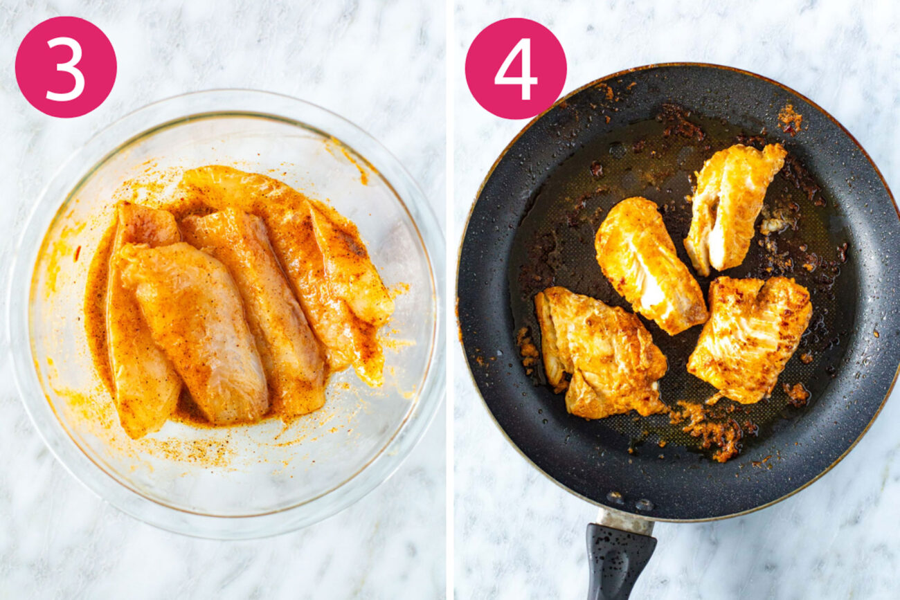 Steps 3 and 4 for making fish tacos: Marinate fish then cook it.
