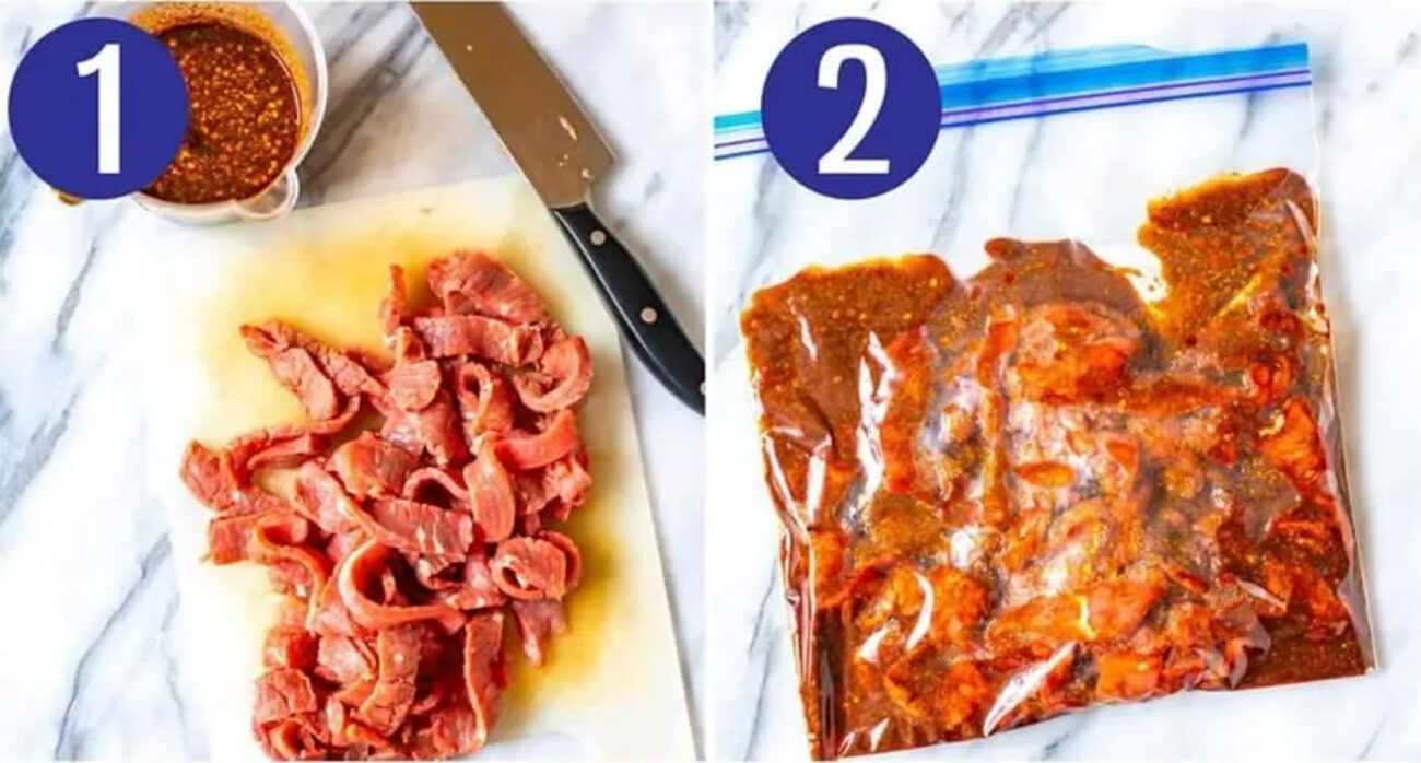 Steps 1 and 2 for making homemade beef jerky: Slice frozen beef then marinate.