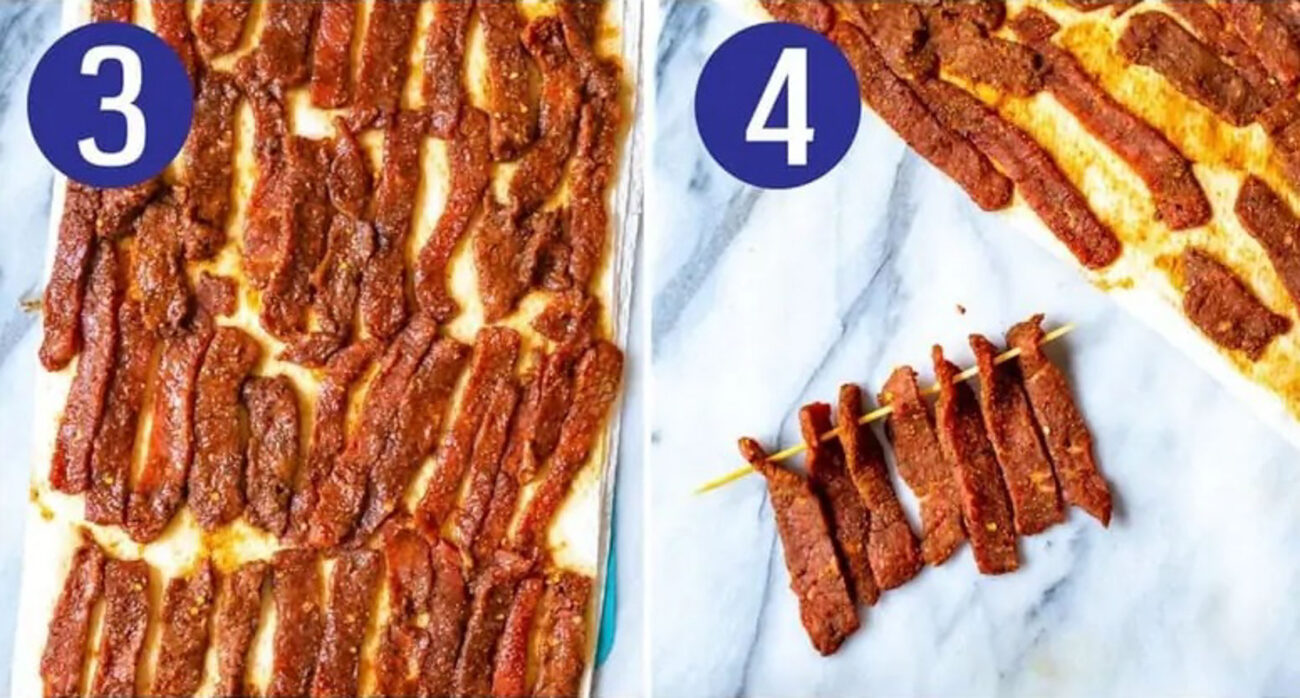 Steps 3 and 4 for making homemade beef jerky: Squeeze out extra liquid and add to skewers.