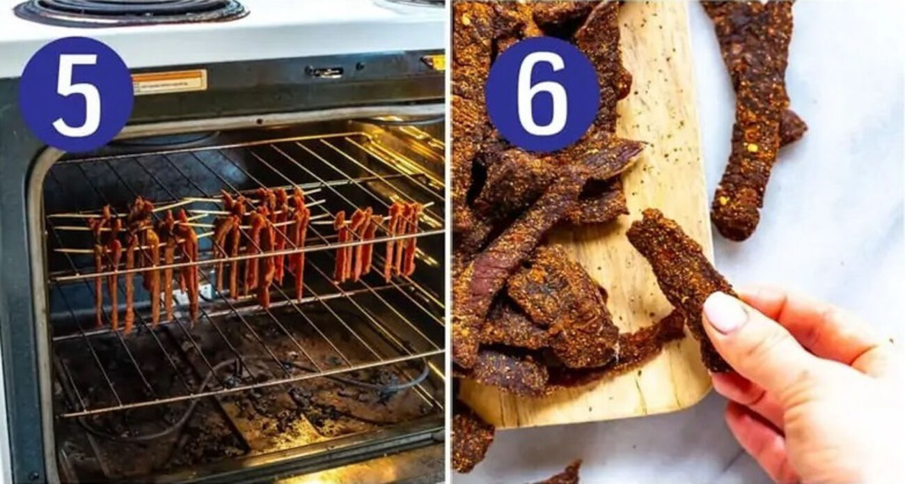 Steps 5 and 6 for making beef jerky: Hang in oven then store for later.