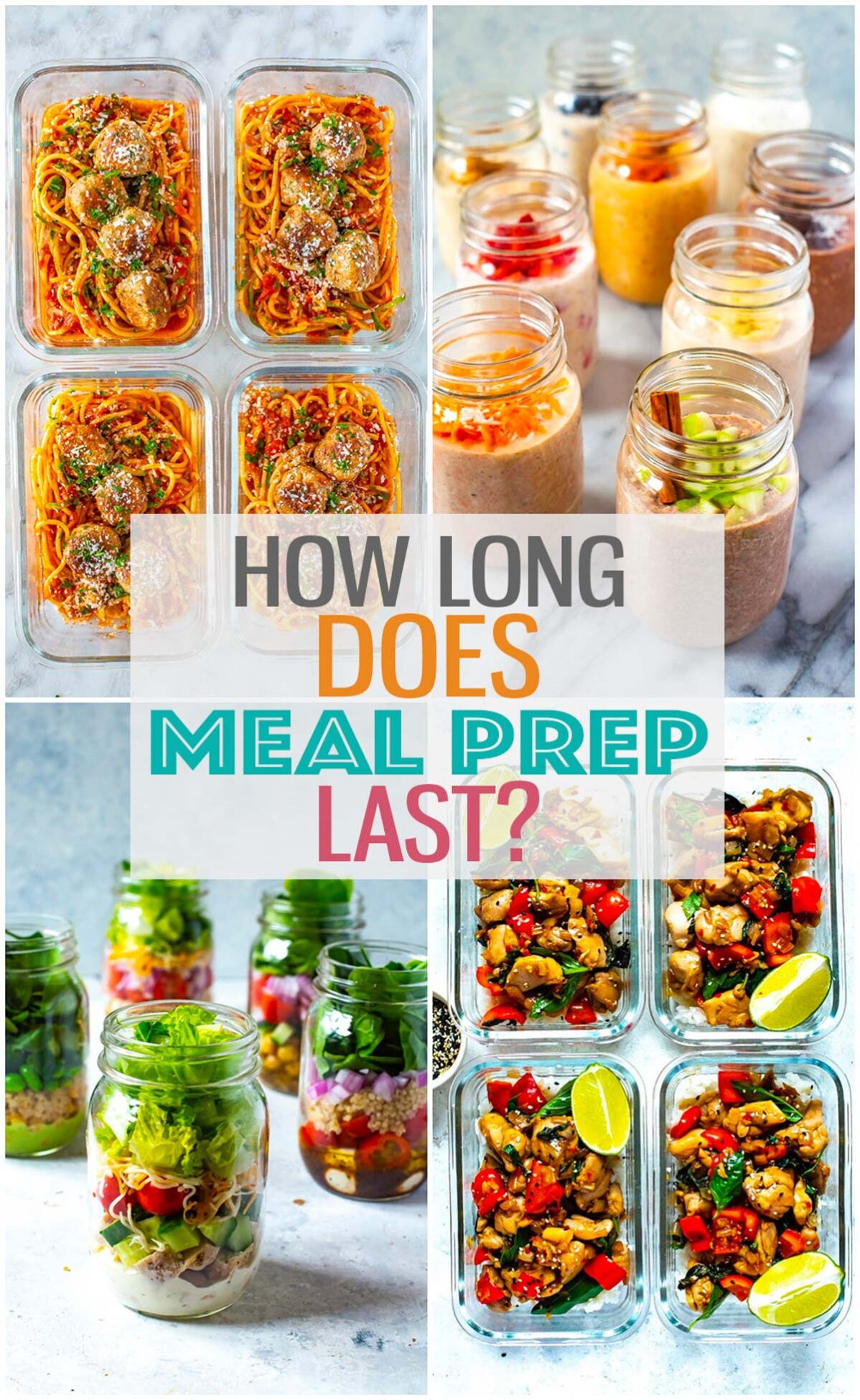 A collage of 4 different meal prep recipes with the text "How Long Does Meal Prep Last?" layered over top.