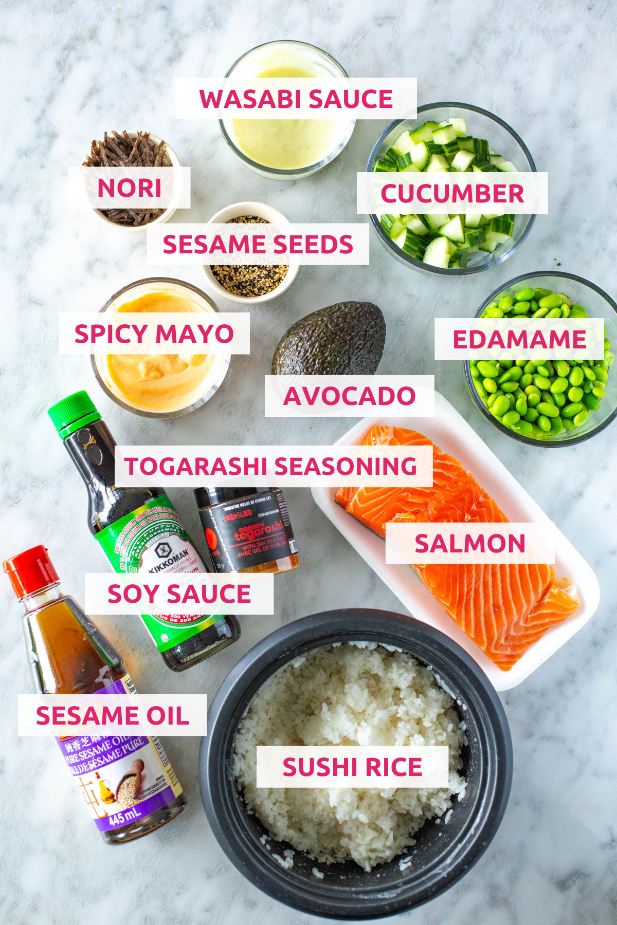 Ingredients for salmon sushi bowls: sushi rice, salmon, sesame oil, soy sauce, togarashi seasoning, avocado, spicy mayo, wasabi sauce, nori, sesame seeds, cucumber and edamame.