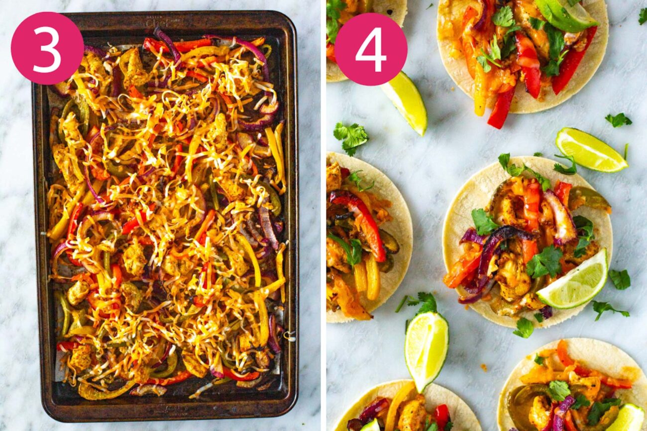 Steps 3 and 4 for making sheet pan chicken fajitas: Add cheese, bake then serve.