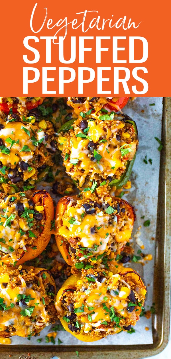 These Vegetarian Stuffed Peppers are easy to make and so delicious! They have a delicious Mexican-inspired quinoa and black bean filling. #vegetarian #stuffedpeppers