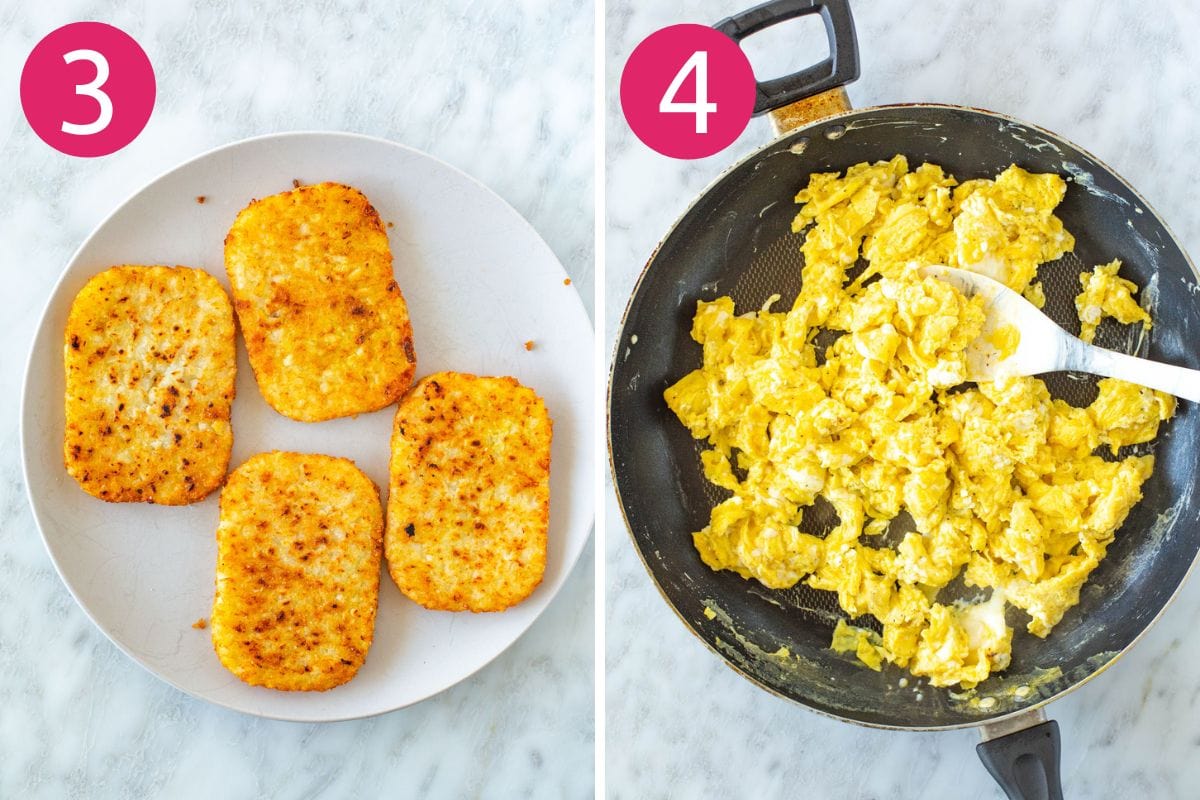 Steps 3 and 4 for making a breakfast crunchwrap