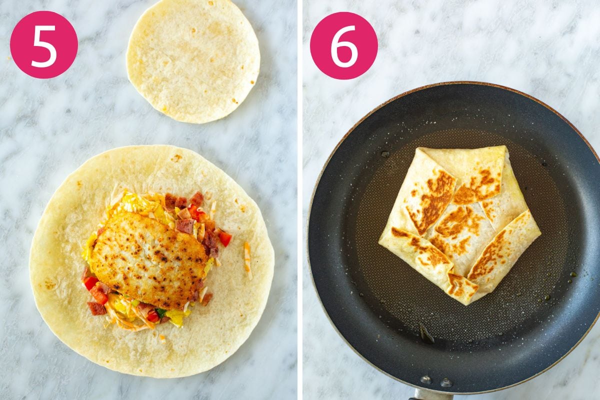 Steps 5 and 6 for making a breakfast crunchwrap