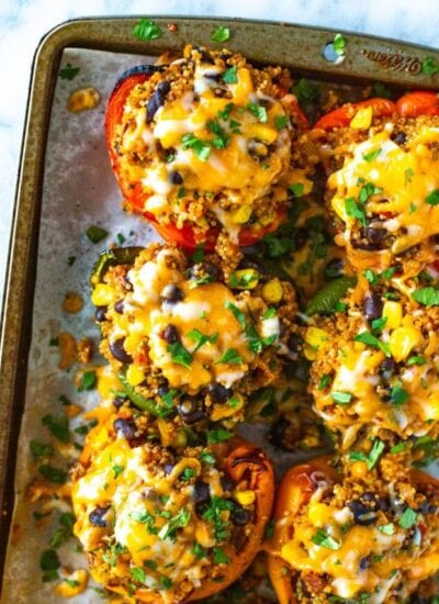 Close-up of vegetarian stuffed peppers on a sheet pan
