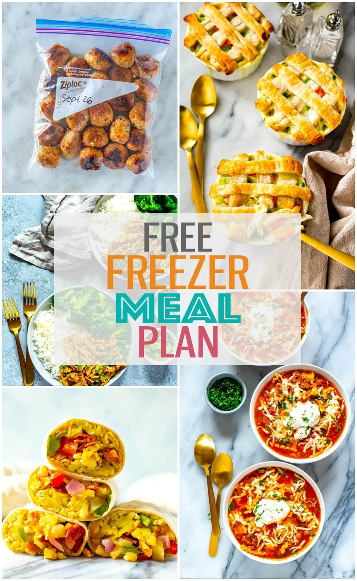 A collage of 5 freezer meals with the text "Free Freezer Meal Plan" layered on top.