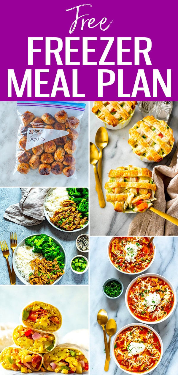 Stock up your freezer by following this Free Freezer Meal Plan! It has 5 delicious and easy freezer meal recipes to get you started. #mealplan #freezermeals