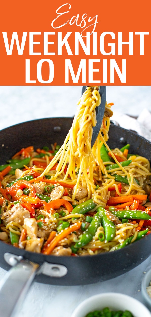This Easy Weeknight Lo Mein recipe is better than takeout! All you need is 25 minutes and some staple ingredients to make it. #lomein #weeknightdinner