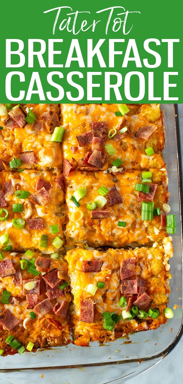 This Tater Tot Breakfast Casserole is the perfect make-ahead breakfast with bacon, eggs and cheddar cheese. It's great for a crowd! #tatertot #breakfastcasserole