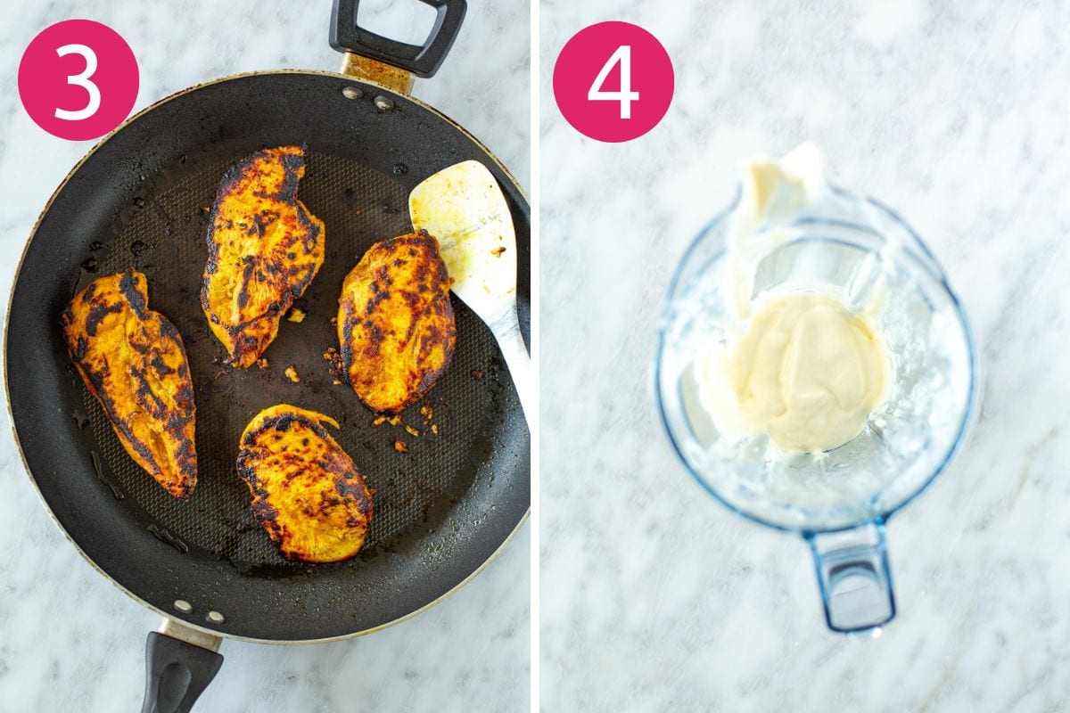 Steps 3 and 4 for making chicken shawarma bowls