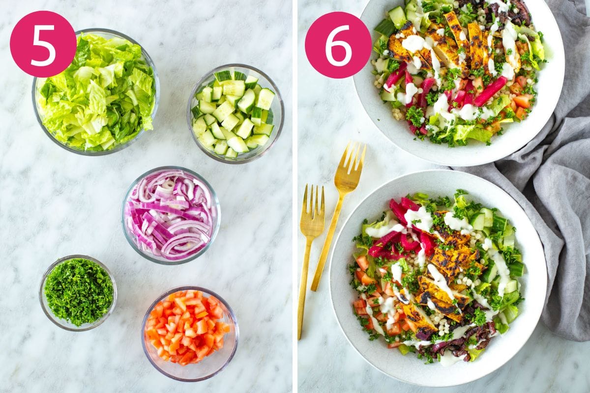 Steps 5 and 6 for making chicken shawarma bowls