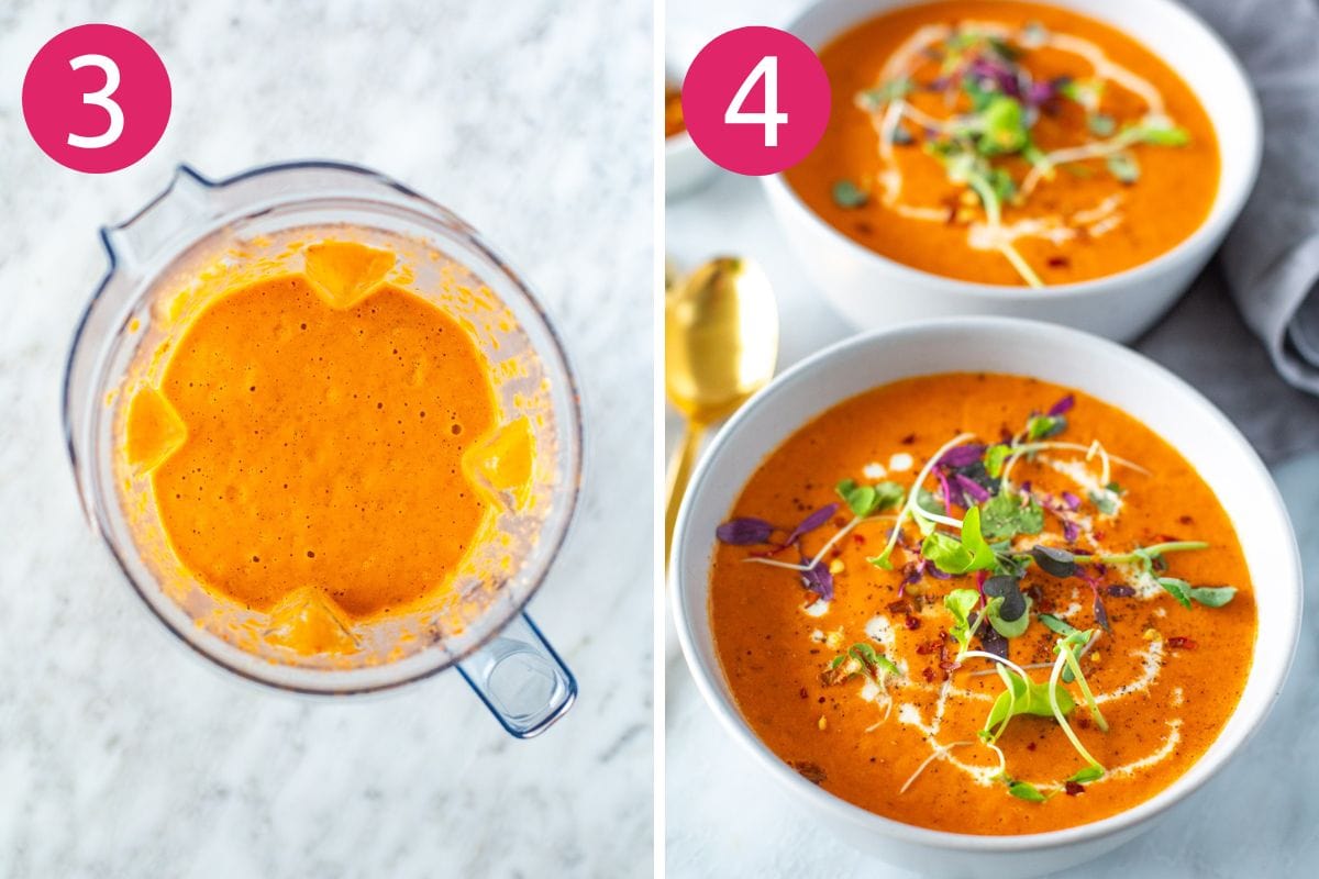 Steps 3 and 4 for making roasted red pepper soup