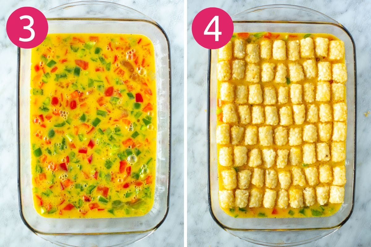 Steps 3 and 4 for making tater tot breakfast casserole