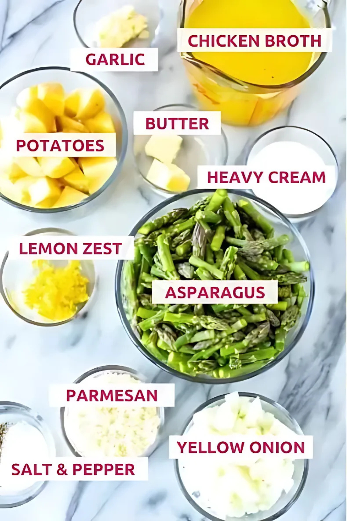 Overhead shot of the ingredients for easy cream of asparagus soup with labels
