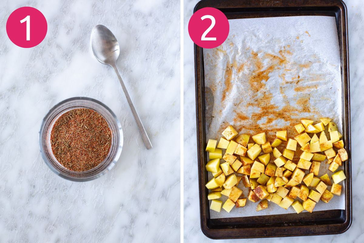 Steps 1 and 2 for making baked chicken thighs