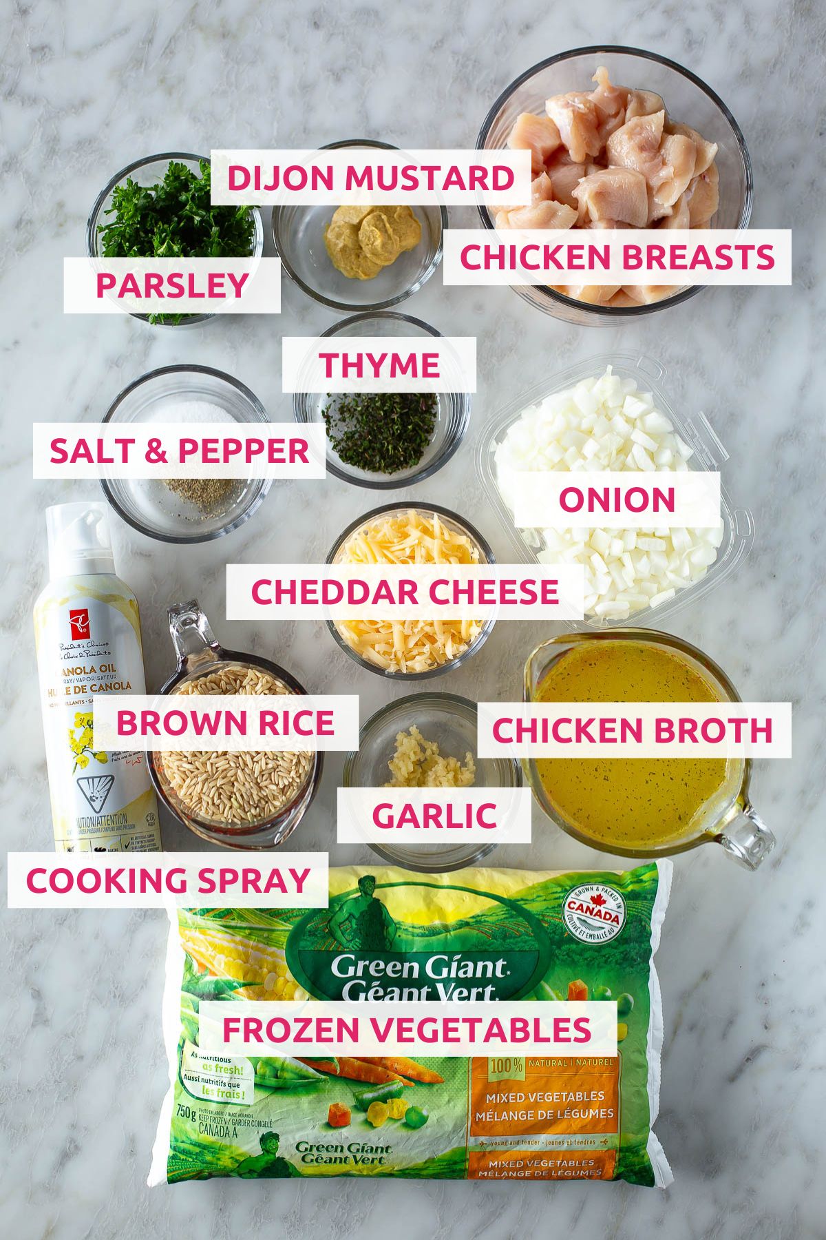 Ingredients for making crockpot chicken and rice: parsley, Dijon mustard, chicken breasts, thyme, salt and pepper, cheddar cheese, onion, brown rice, garlic, chicken broth, cooking spray, and frozen vegetables