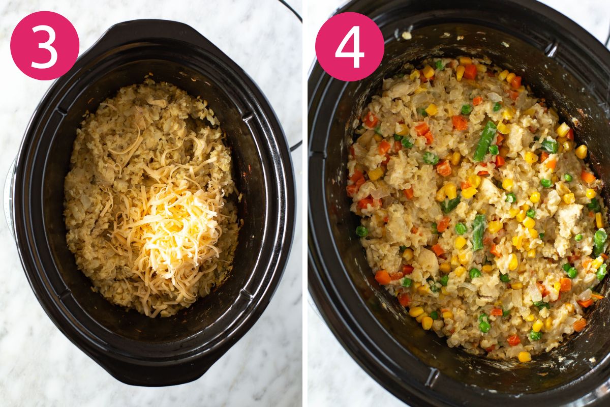 Steps 3 and 4 for making crockpot chicken and rice