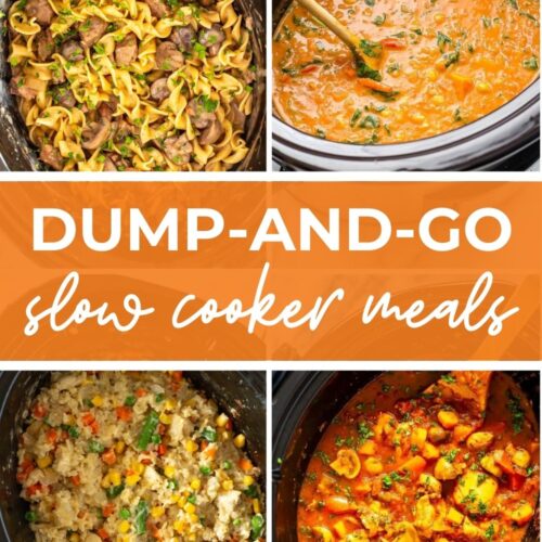 Collage of slow cooker recipes with text that says 'Dump-and-go Slow Cooker Meals'