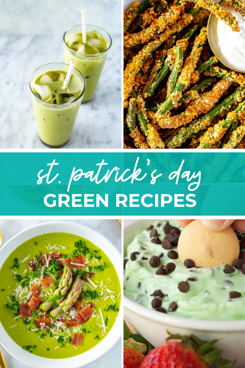 Overhead shots of green drink in drinking glasses and plated three dish es with green banner in the middle - reading "st patrick's day green recipes"