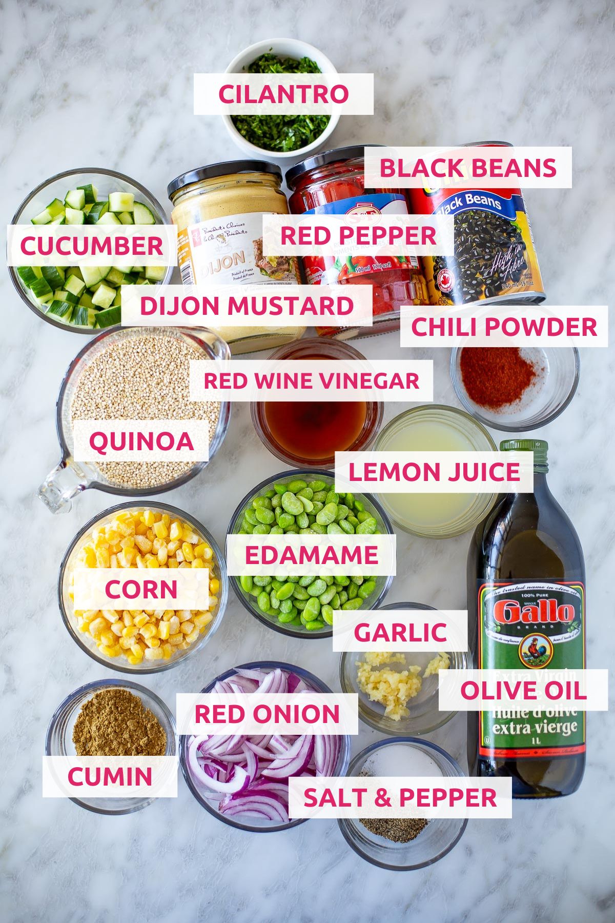 Ingredients for making quinoa salad: cilantro, black beans, cucumber, red pepper, Dijon mustard, chili powder, red wine vinegar, quinoa, lemon juice, edamame, corn, garlic, olive oil, red onion, cumin, salt & pepper