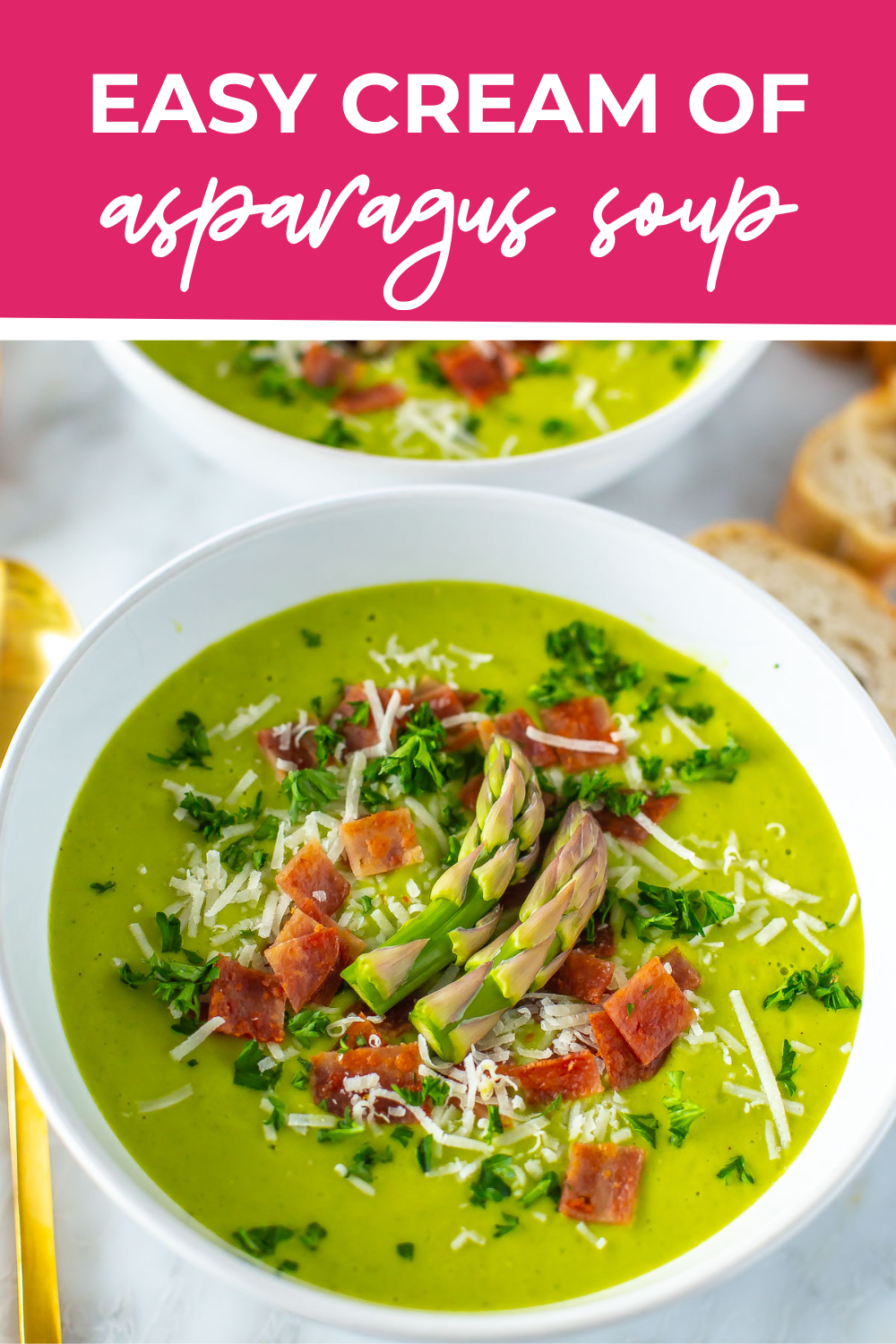 Overhead shot of plated dish with pink banner on the top - reading "easy cream of asparagus soup"