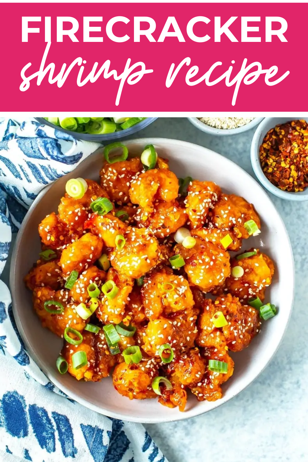 Homemade firecracker shrimp in a bowl with the text "Firecracker Shrimp Recipe" on top.