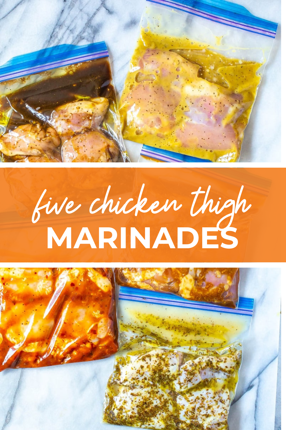 Overhead shot of plated dish with orange banner in the middle - reading "five chicken thigh marinades"