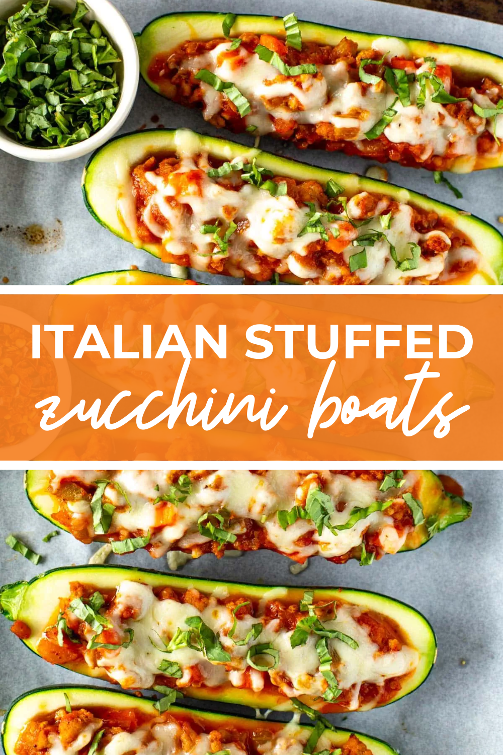 Several zucchini boats with the text "Italian Stuffed Zucchini Boats" on top.