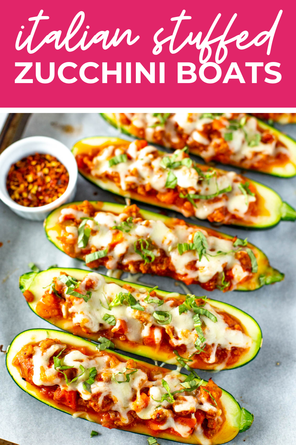 Italian stuffed zucchinis with the text "Italian Stuffed Zucchini Boats" on top.